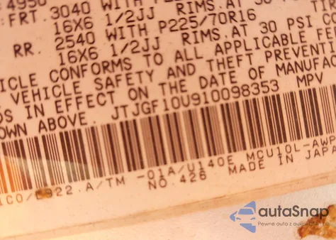 2001 Lexus Rx 300 из США, поврежденный, VIN JTJGF10U910098353